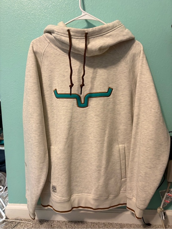 Kimes Ranch Tops - Women’s Light Gray Hoodie with Teal Accent